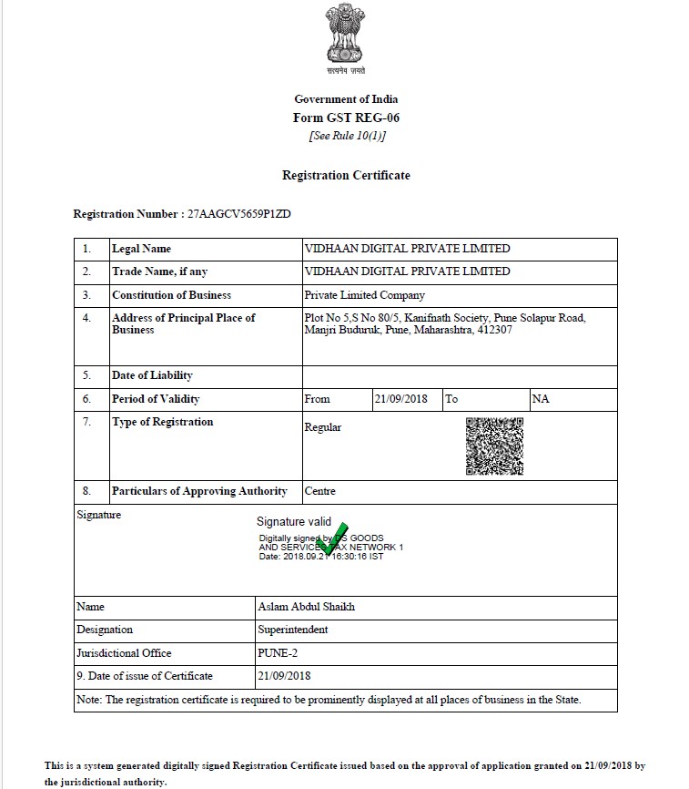 Goods and Services Tax registration certificate