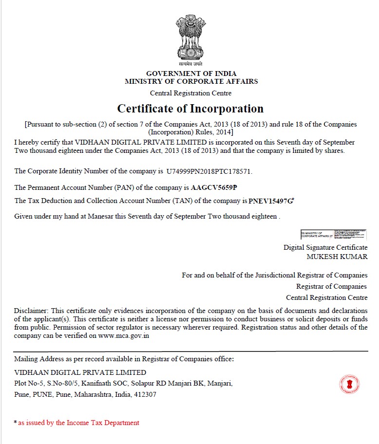 Certificate of Incorporation — Ministry of Corporate Affairs, India