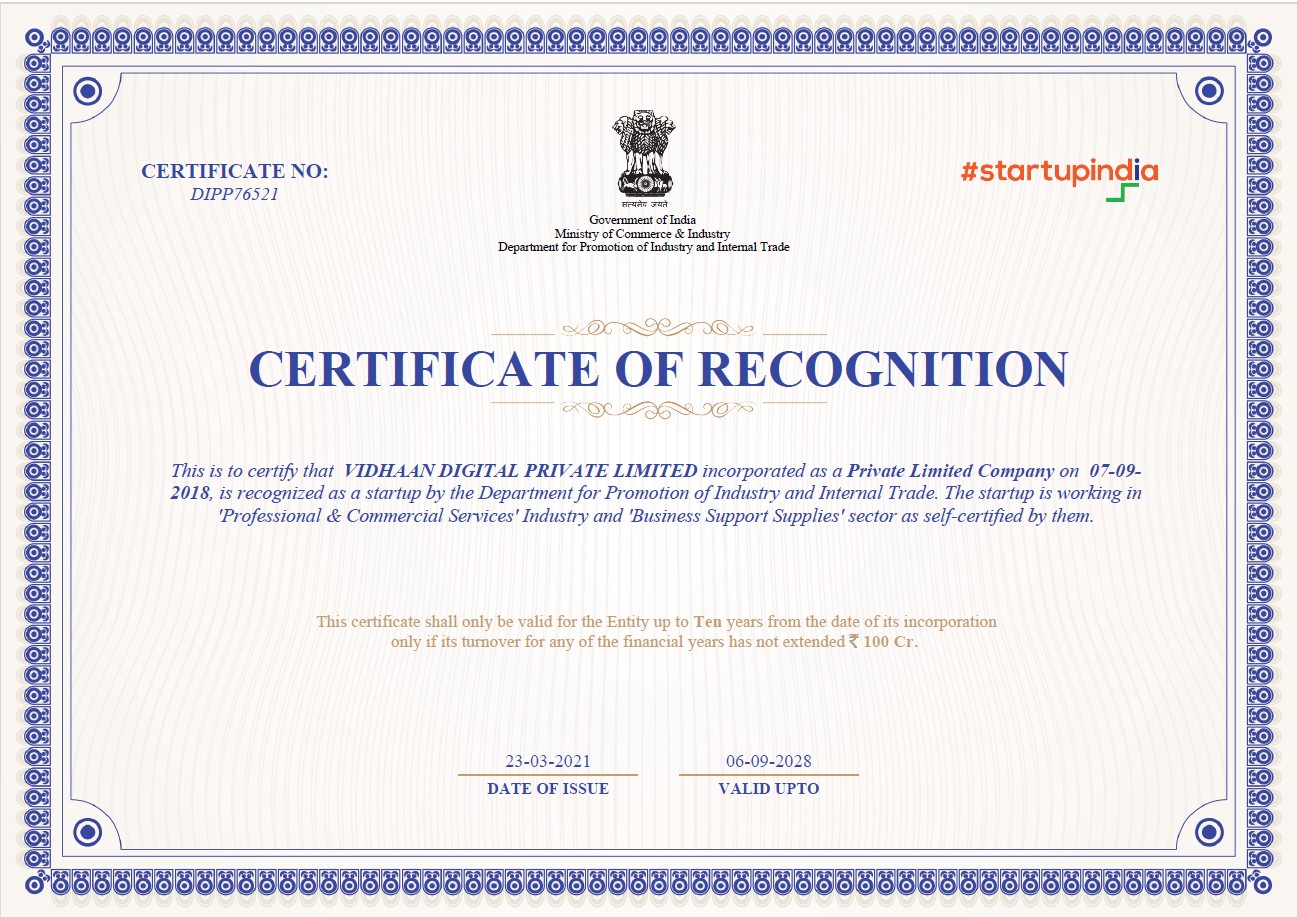 Startup India recognition certificate