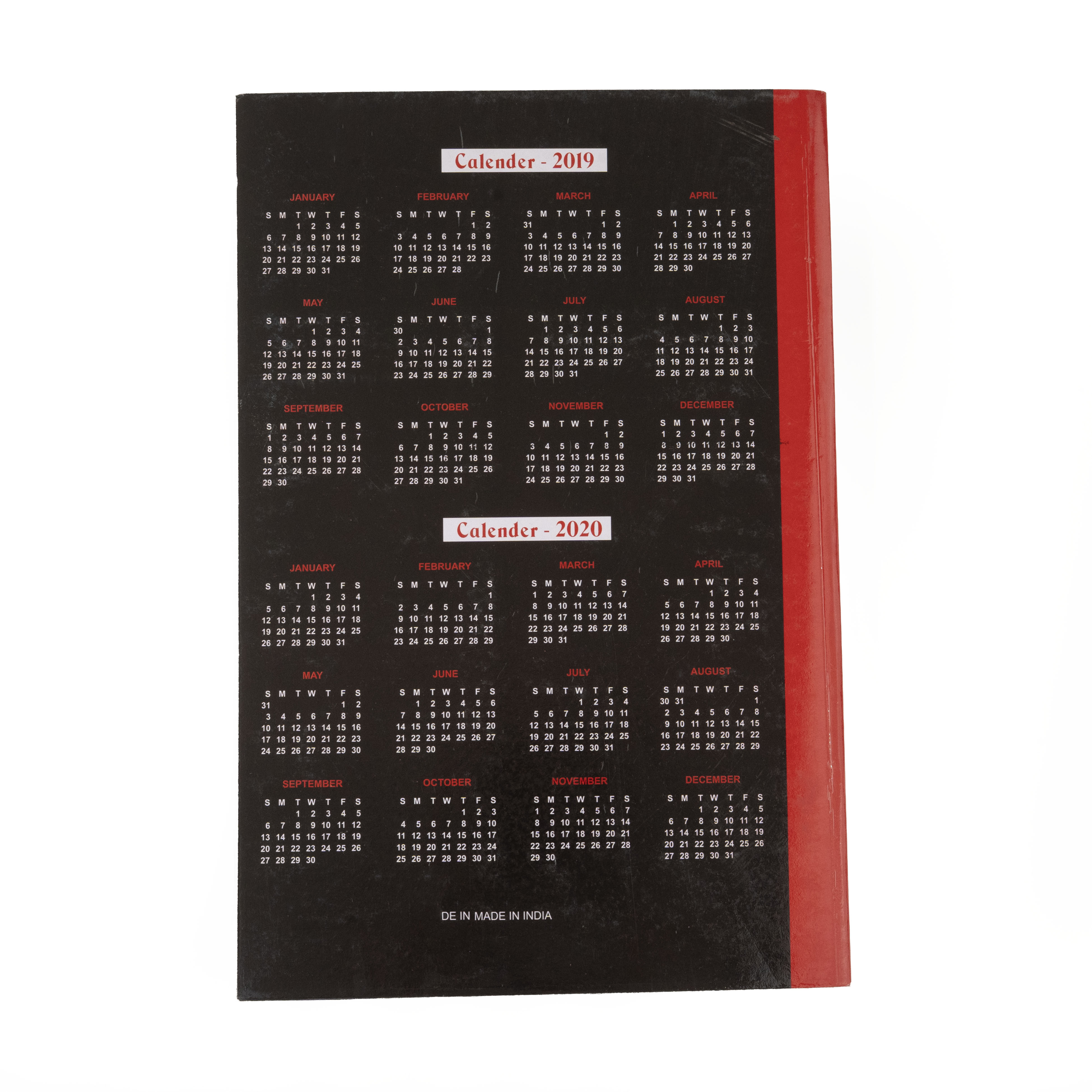 Multi-year calendar back cover with Made in India export marking